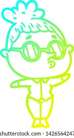 cold gradient line drawing of a cartoon woman wearing glasses