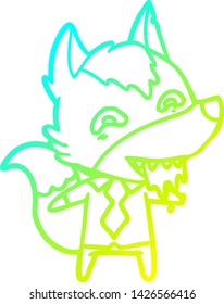 cold gradient line drawing of a cartoon hungry wolf in office clothes