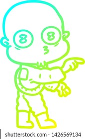 dibujo de línea de gradiente frío de una caricatura que señala un espaciador calvo extraño