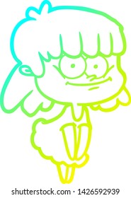 cold gradient line drawing of a cartoon smiling woman