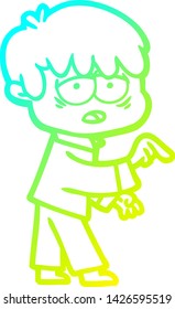 cold gradient line drawing of a cartoon exhausted boy