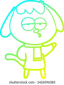 cold gradient line drawing of a cartoon tired dog wearing winter clothes