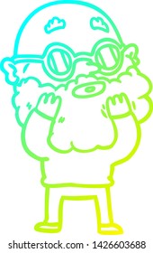 cold gradient line drawing of a cartoon curious man with beard and sunglasses