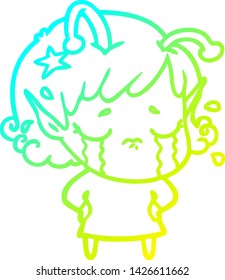 dibujo en línea de gradiente frío de una chica alienígena llorando