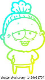 cold gradient line drawing of a cartoon happy old lady