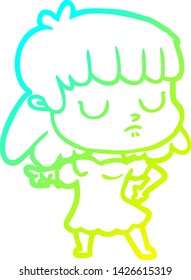 cold gradient line drawing of a cartoon indifferent woman