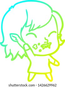 cold gradient line drawing of a cartoon vampire girl with blood on cheek