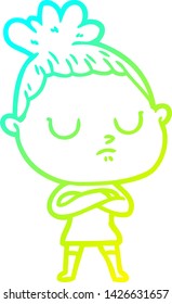 cold gradient line drawing of a cartoon calm woman