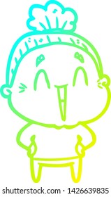 cold gradient line drawing of a cartoon happy old lady