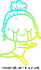 cold gradient line drawing of a cartoon crying old lady