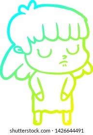 cold gradient line drawing of a cartoon indifferent woman