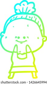 cold gradient line drawing of a cartoon happy old woman