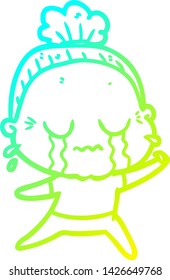 dibujo en línea de gradiente frío de una anciana llorando caricatura