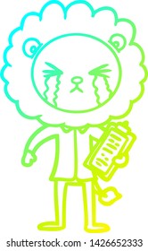 cold gradient line drawing of a cartoon crying lion with clipboard
