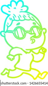 cold gradient line drawing of a cartoon woman wearing glasses