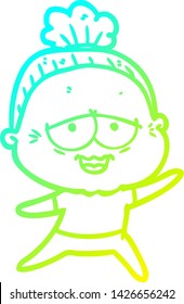 cold gradient line drawing of a cartoon happy old lady