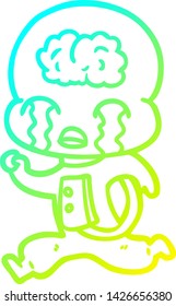 cold gradient line drawing of a cartoon big brain alien crying running
