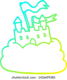 desenho de linha de gradiente frio de um castelo de desenho animado na nuvem
