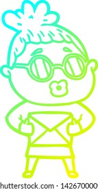 kalte Farbverlauf-Linie Zeichnung einer Cartoon-Frau mit Sonnenbrille