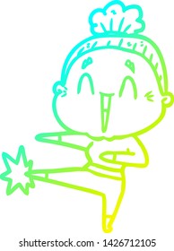 cold gradient line drawing of a cartoon happy old lady