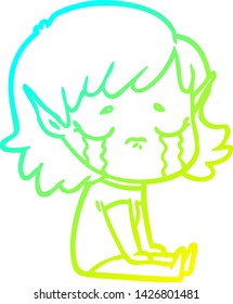 cold gradient line drawing of a cartoon crying elf girl