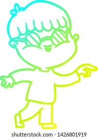 cold gradient line drawing of a cartoon boy wearing spectacles