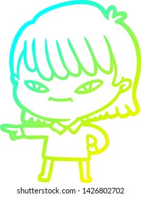 cold gradient line drawing of a cartoon pointing woman