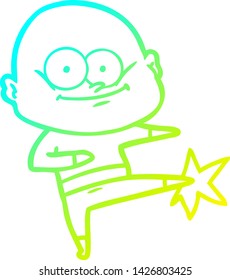 cold gradient line drawing of a cartoon bald man karate kicking
