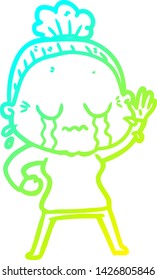 cold gradient line drawing of a cartoon old woman crying and waving