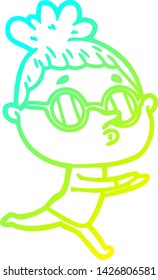 cold gradient line drawing of a cartoon woman wearing glasses