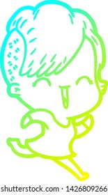 cold gradient line drawing of a cartoon happy hipster girl