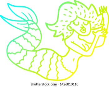 cold gradient line drawing of a cartoon woman mermaid