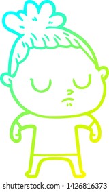 cold gradient line drawing of a cartoon calm woman