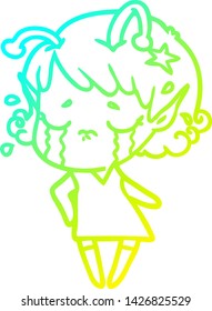 cold gradient line drawing of a cartoon crying alien girl