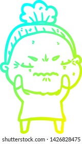 cold gradient line drawing of a cartoon annoyed old lady