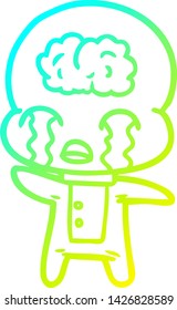 cold gradient line drawing of a cartoon big brain alien crying
