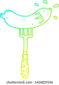 dibujo de línea de gradiente frío de una caricatura salchicha feliz en el tenedor