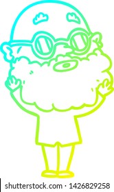 cold gradient line drawing of a cartoon curious man with beard and glasses