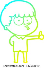 dibujo de línea de degradado frío de un niño curioso de dibujos animados que da pulgares hacia arriba señal