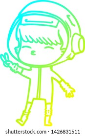cold gradient line drawing of a cartoon spacegirl making peace sign