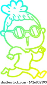 cold gradient line drawing of a cartoon running woman wearing spectacles