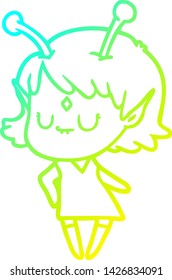 cold gradient line drawing of a cartoon alien girl