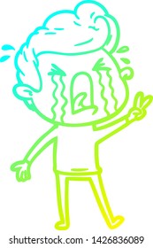 desenho de linha de gradiente frio de um homem chorando de desenho animado