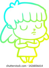 cold gradient line drawing of a cartoon indifferent woman