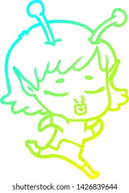 cold gradient line drawing of a cartoon alien girl