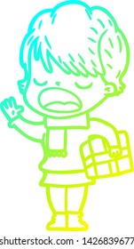 cold gradient line drawing of a cartoon woman talking