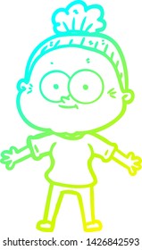 cold gradient line drawing of a cartoon happy old woman