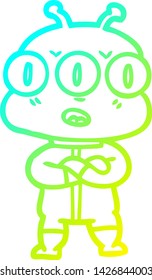 cold gradient line drawing of a cartoon three eyed alien