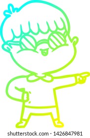 dibujo en línea de gradiente frío de un niño de caricatura que usa espectáculos