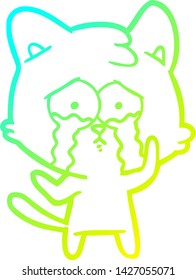 cold gradient line drawing of a cartoon crying cat